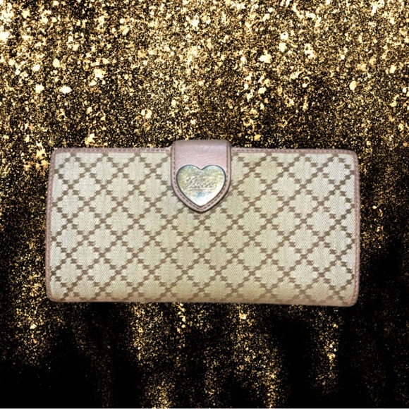Gucci Diamante Heart Canvas Long Wallet, Brown/Pink Beige Leather - Picture 1 of 16
